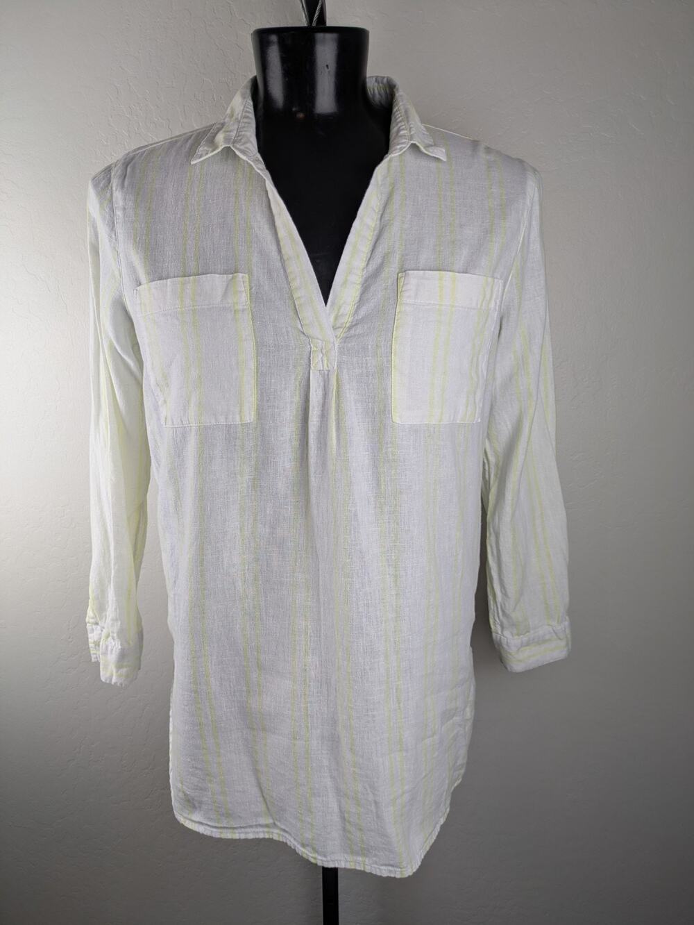 Old Navy white yellow stripe cotton linen blend popover tunic top
